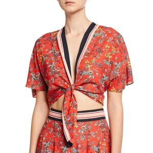 Alice + Olivia Lydia Tie Front Crop Top Red Freesia Blossom Sz Small
